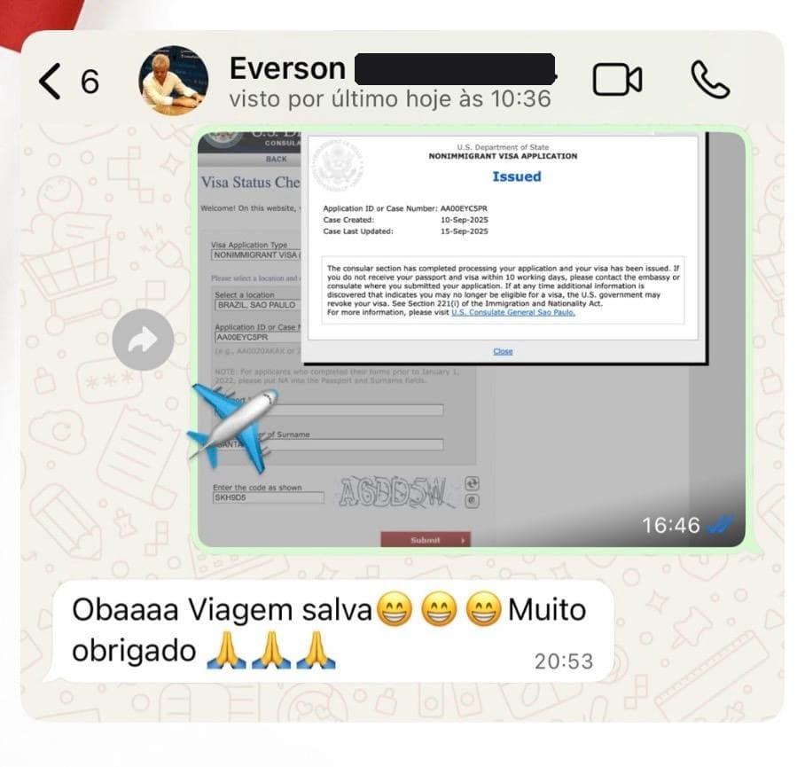 Print do status ISSUED no Visa Status Check + mensagem de Everson: 'Viagem salva'