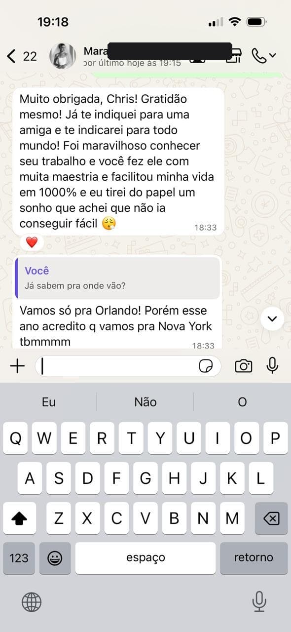 Mensagem de gratidão da Mara: sonho realizado, indicando Chris Vistos